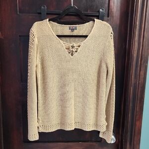 Exist Beige V-Neck Sweater with Crochet Accents